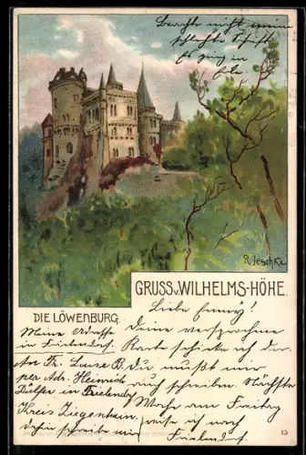 Lithographie Kassel /Wilhelmshöhe, Löwenburg