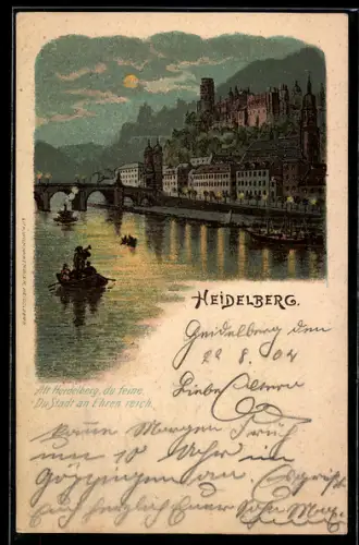 Lithographie Heidelberg, Schloss, Alte Brücke, Neckarpartie bei Nacht