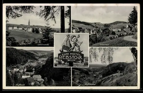 AK Schönwald, Hotel Rebstock, Gasthäuser, Wegweiser, Ortsansichten