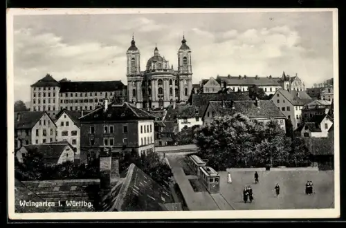 AK Weingarten i. Württbg., Basilika, Stadtansicht, Strassenbahn