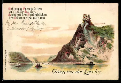 Lithographie St. Goar, Loreleyfelsen mit Statue und Rheinpartie