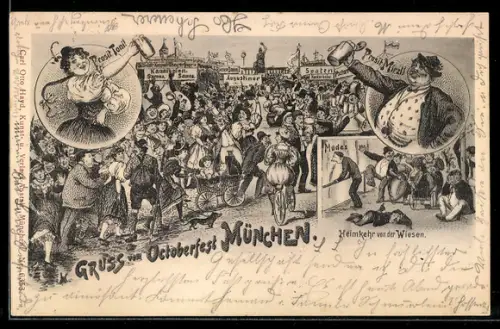 Lithographie München, Gedränge auf dem Oktoberfest, Heimkehr von der Wiesen