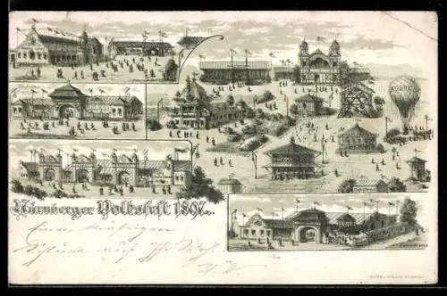 Lithographie Nürnberg, Nürnberger Volksfest 1897, Veranstaltungsgelände aus der Vogelschau
