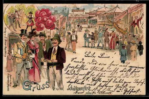 Lithographie Gruss vom Schützenfest, Besucher bestaunen die Stände und Fahrgeschäfte
