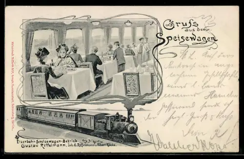 AK Gruss aus dem Speisewagen, Fahrgäste geniessen das Mittagessen im Speisewagen, Eisenbahn