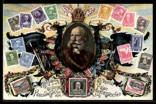 AK 60 jährig. Regierungsjubiläum Kaiser Franz Josef I. von Österreich 1848-1908, versch. Briefmarken