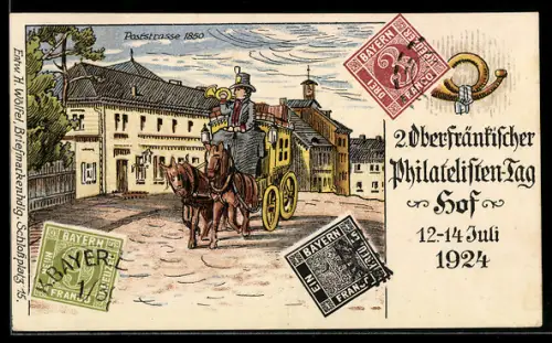 Künstler-AK Hof, 2. Oberfränkischer Philatelisten-Tag 1924, Postkutsche auf der Poststrasse 1850