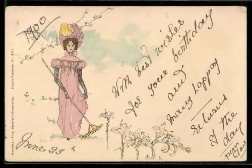 Künstler-AK Theo Stroefer Serie Nr. 5537: Elegante Dame mit Harke im Garten, Jugendstil