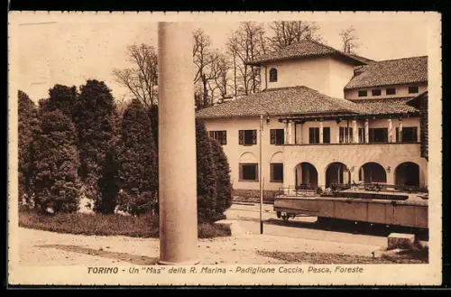AK Torino, Esposizione 1928, Un Mas della R. Marina, Padiglione Caccia, Pesca, Foreste