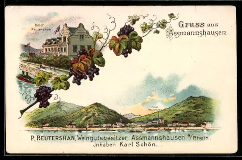 Lithographie Assmannshausen, Hotel Reutershan, Weinrebe, Rheinpartie