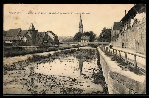 AK Pforzheim, Partie an der Enz mit Schelmenturm & neuer Kirche