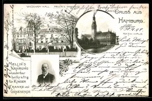 AK Hamburg, Wickham-Hall Melling`s Wohnsitz, Portrait, Rathaus, Reklame für Melling`s Nahrung