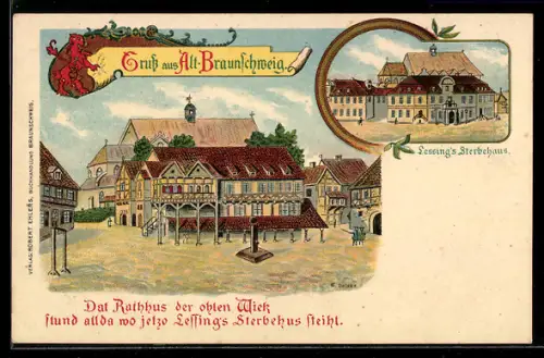 Lithographie Alt-Braunschweig, Rathaus der ohlen Wiek, jetzt Lessings Sterbehaus