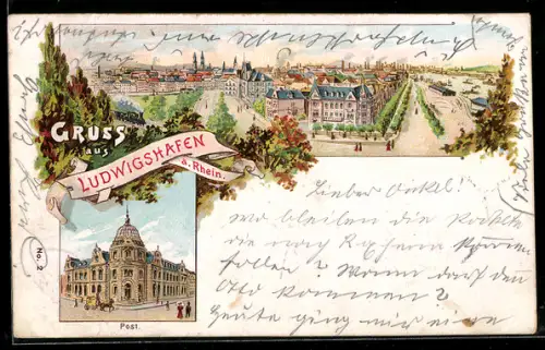Lithographie Ludwigshafen a. Rhein, Teilansicht, Post