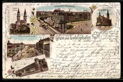 Lithographie Ludwigshafen, Bahnhof und Directions-Gebäude, Rheinbrücke, Ev. Kirche, 5 Ansichten, Blumenverzierung