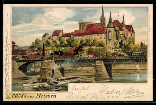 Lithographie Meissen, Totalansicht mit Albrechtsburg und Strassenbahn, Dampfer Meissen