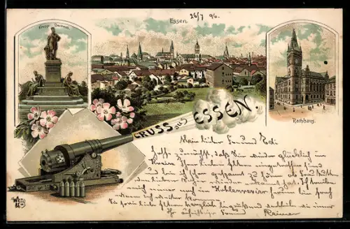 Lithographie Essen, Rathaus, Krupp-Denkmal, Ortsansicht