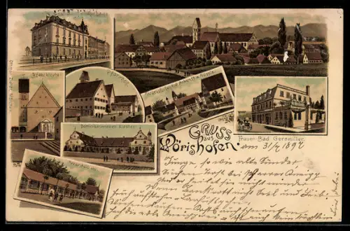 Lithographie Bad Wörishofen, Kurhaus, Pfarrkirche, Dominikanerinnen Kloster, Wandelbahn