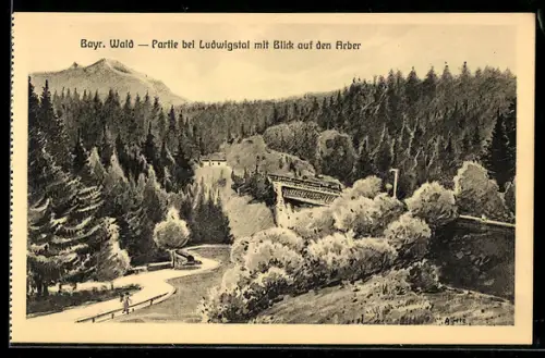 Künstler-AK sign. Hans Pernat: Ludwigstal /Bayr. Wald, Ortspartie mit Blick auf den Arber