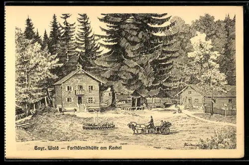 Künstler-AK sign. Hans Pernat: Rachel /Bayr. Wald, Forstdiensthütte mit Pferdewagen
