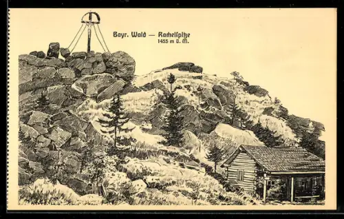 Künstler-AK sign. Hans Pernat: Arber, Rachelspitze, Blockhaus und Kreuz auf der Spitze