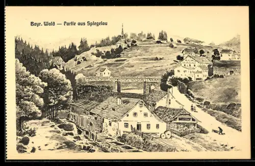 Künstler-AK Spiegelau / Bayr. Wald, Teilansicht mit Kirche