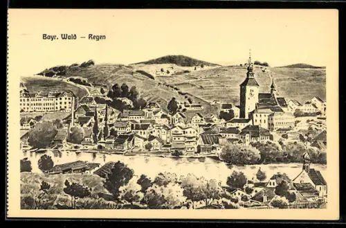 Künstler-AK sign. Hans Pernat: Regen /Bayr. Wald, Teilansicht mit Kirche