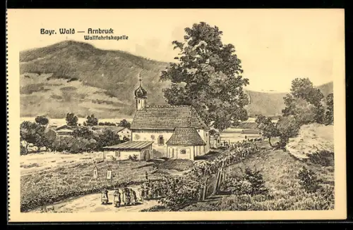 Künstler-AK Arnbruck, Wallfahrtskapelle mit Prozession