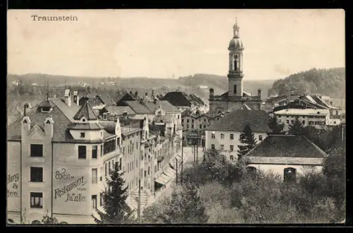 AK Traunstein, Blick über die Häuser auf die Kirche
