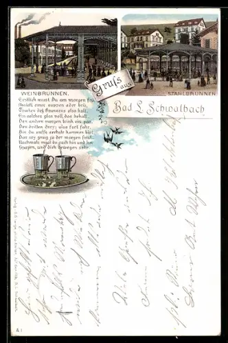 Lithographie Bad Schwalbach, Weinbrunnen, Stahlbrunnen