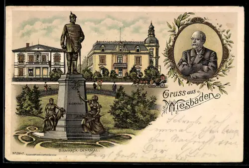 Lithographie Wiesbaden, Bismarck-Denkmal