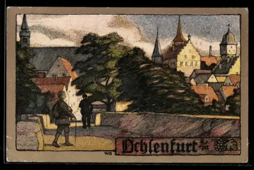 Steindruck-AK Ochsenfurt, Ortsansicht mit Kirche und Stadtmauer