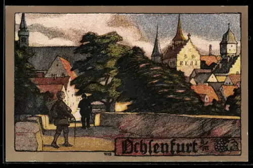 Steindruck-AK Ochsenfurt, Ortsansicht mit Kirche und historischen Gebäuden