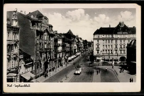 AK Kiel, Sophienblatt, Hansa Hotel, Strassenbahn