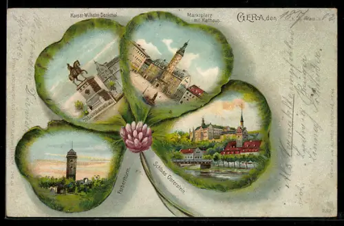 Passepartout-Lithographie Gera, Marktplatz mit Rathaus, Kaiser-Wilhelm-Denkmal, Schloss Osterstein, Ferberturm