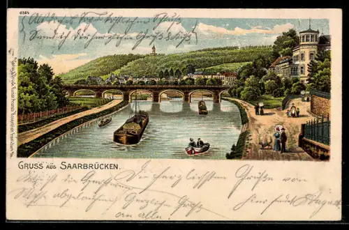 Lithographie Saarbrücken, Brücke über die Saar, Flussansicht, Uferpromenade