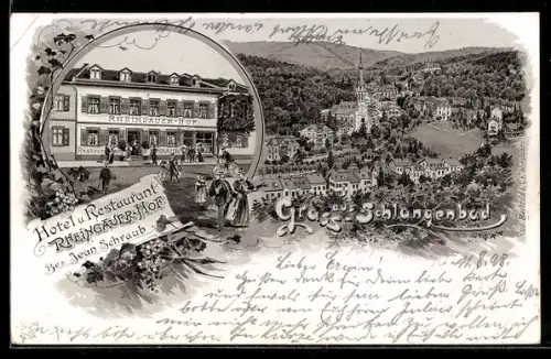 Lithographie Schlangenbad, Hotel und Restaurant Rheingauer Hof, Gesamtansicht mit Kirche