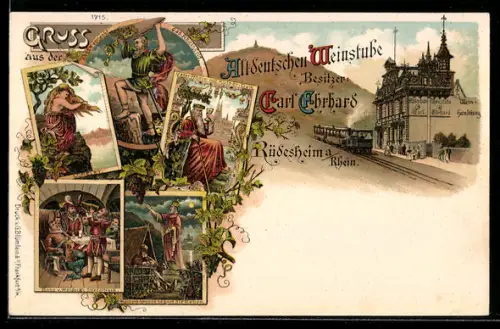 Lithographie Rüdesheim / Rhein, Altdeutsche Weinstube, Besitzer Carl Ehrhard, Etablissement & Bergbahn, Gemäldeansichten