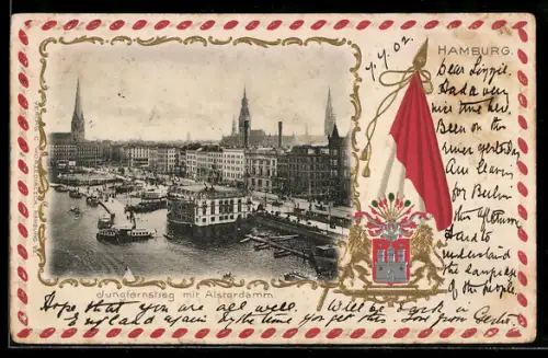 Passepartout-AK Hamburg-Neustadt, Jungfernstieg mit Alsterdamm, Fahne & Wappen