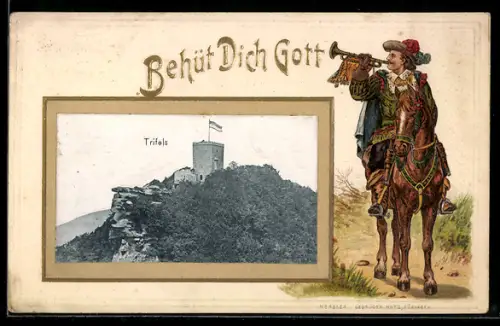 Passepartout-Lithographie Trifels, Burg Trifels & Trompeter zu Pferd
