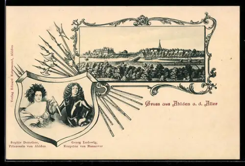 Lithographie Ahlden a. d. Aller, Schloss, Sophie Dorothea Prinzessin von Ahlden, Georg Ludwig Kurprinz von Hannover