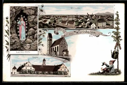 Lithographie Wörishofen, Ortsansicht, Kloster, Lourdes-Grotte