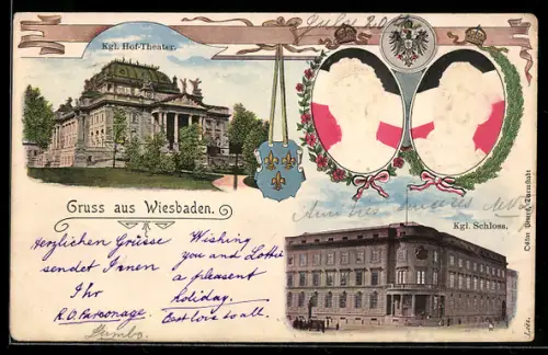 Lithographie Wiesbaden, Kgl. Hoftheater, Kgl. Schloss, Portraits Kaiser Wilhelm II. & Kaiserin Auguste Viktoria