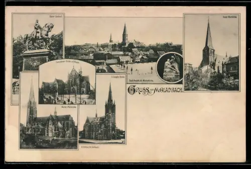 AK M. Gladbach, Kaiser-Denkmal, Marien-Pfarrkirche, St. Josephs-Kirche