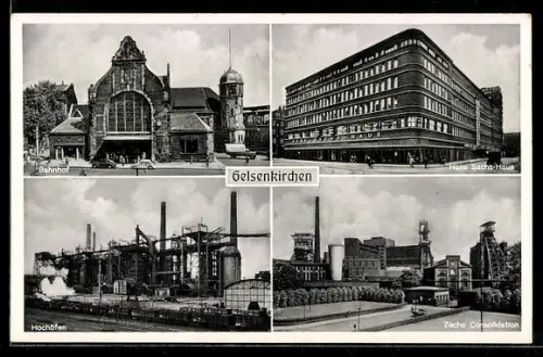 AK Gelsenkirchen, Bahnhof, Hans Sachs-Haus, Hochofen, Zeche Consolidation
