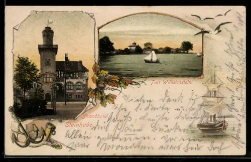 Lithographie Steinhude, Strandhotel, Fort Wilhelmstein