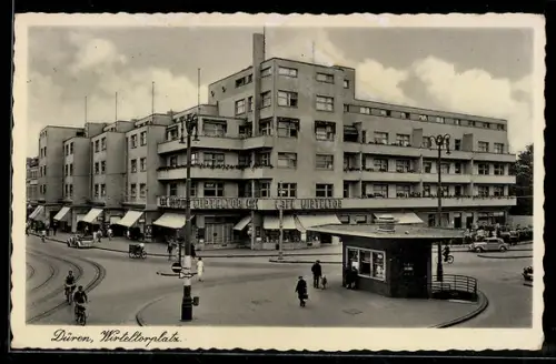AK Düren, Wirteltorplatz mit Kiosk & Geschäfts- und Wohnhaus mit Cafe Wirteltor im Bauhaus-Stil