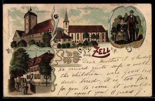 Lithographie Zell a. H., Schloss, Stadtkirche, Gasthaus z. Bad Löwe, Paar in Volkstracht