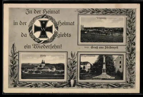 AK Fürstenzell, Panorama, Kirche, Kriegerdenkmal, Eisernes Kreuz 1914