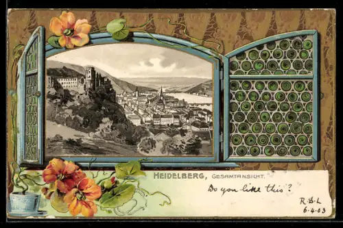 Passepartout-Lithographie Heidelberg, Gesamtansicht durch Fenster gesehen